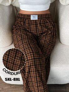 SHEIN CURVE+ Plus Size Women's High Waist Loose Corduroy Fabric Pants With Pockets & Patch Design, - Multicolor - View 1