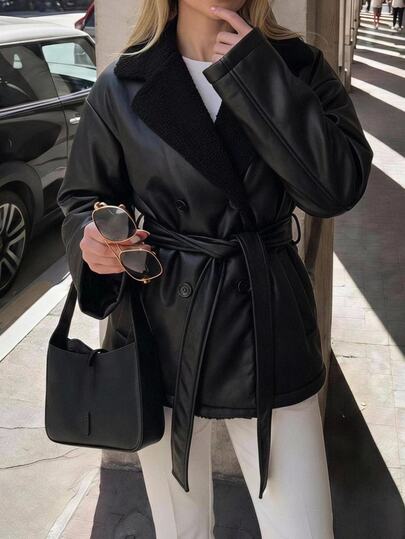 Aloruh Women's Elegant Business Casual Old Money Style Black PU Faux Fur Jacket, Long Sleeve Solid Color Minimalist Coat For Autumn/Winter,New Fall Styles