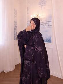 Al Najma Women's Floral Print Casual Modest Elegant Party Formal Morning Dress Navy Blue Winter - Purple - View 4