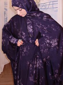 Al Najma Women's Floral Print Casual Modest Elegant Party Formal Morning Dress Navy Blue Winter - Purple - View 2