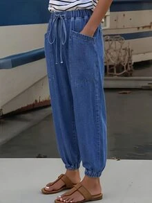 EMERY ROSE Plus Size Mid-Blue Washed Drawstring Elastic Waist Denim Harem Tapered Leg Pants With Large Front Pockets And Loose Back Casual Versatile Carrot Pants - Medium Wash - View 3