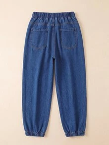 EMERY ROSE Plus Size Mid-Blue Washed Drawstring Elastic Waist Denim Harem Tapered Leg Pants With Large Front Pockets And Loose Back Casual Versatile Carrot Pants - Medium Wash - View 2