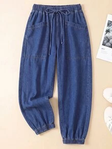 EMERY ROSE Plus Size Mid-Blue Washed Drawstring Elastic Waist Denim Harem Tapered Leg Pants With Large Front Pockets And Loose Back Casual Versatile Carrot Pants - Medium Wash - View 1