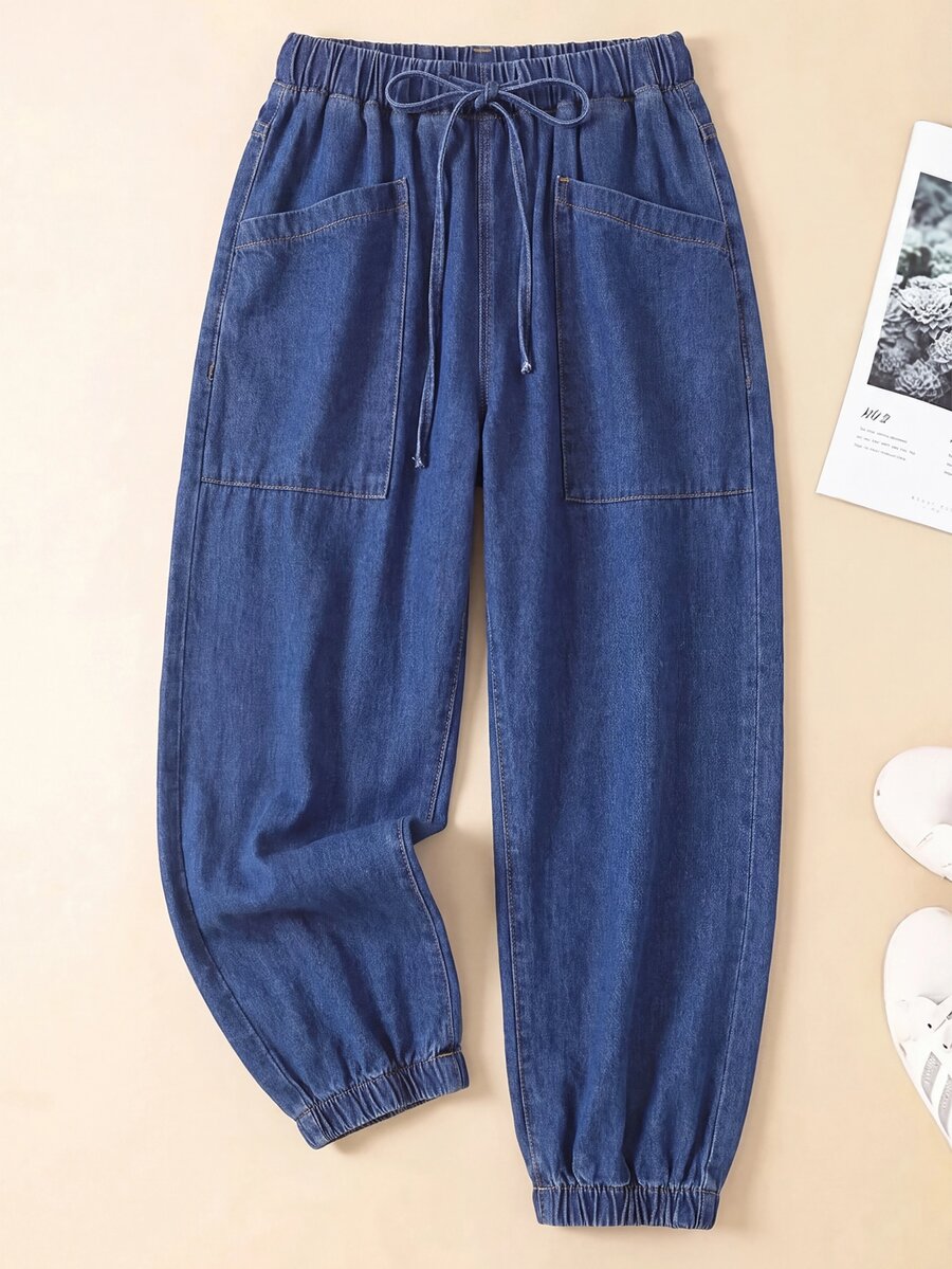 EMERY ROSE Plus Size Mid-Blue Washed Drawstring Elastic Waist Denim Harem Tapered Leg Pants With Large Front Pockets And Loose Back Casual Versatile Carrot Pants - Medium Wash - View 1