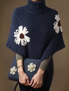 Holdful Holdful Women's Vintage 3D Floral Embroidered Asymmetrical Hem High Neck Sweater - Navy Blue - View 5