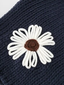 Holdful Holdful Women's Vintage 3D Floral Embroidered Asymmetrical Hem High Neck Sweater - Navy Blue - View 9