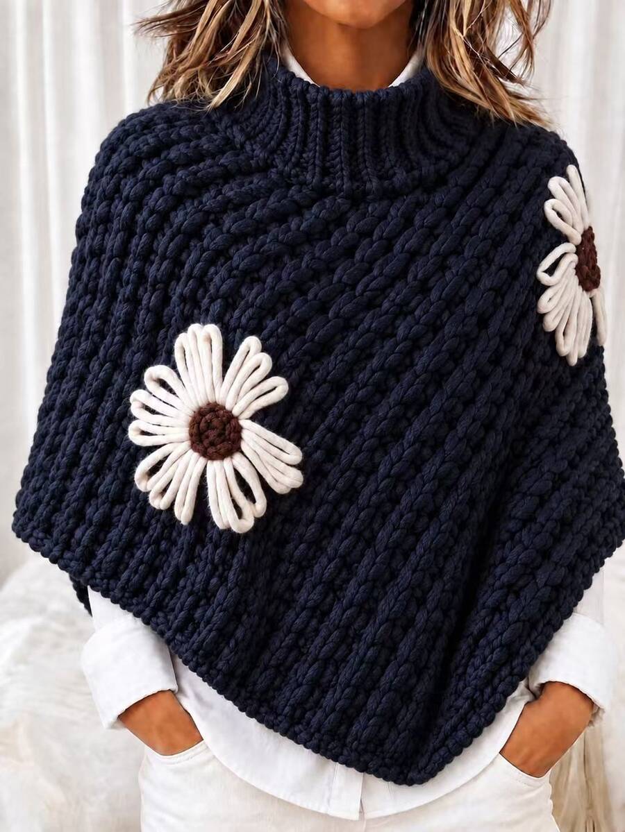 Holdful Holdful Women's Vintage 3D Floral Embroidered Asymmetrical Hem High Neck Sweater