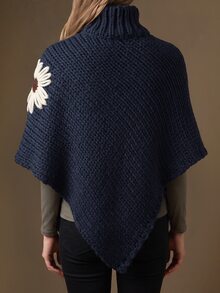Holdful Holdful Women's Vintage 3D Floral Embroidered Asymmetrical Hem High Neck Sweater - Navy Blue - View 3
