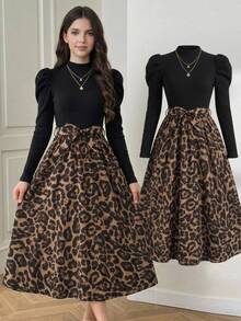 SHEIN Teen Girl Leopard Print Colorblock Casual Party Dress - Multicolor - View 3