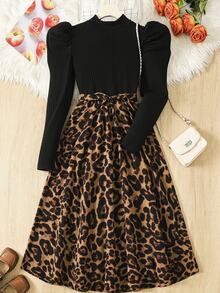 SHEIN Teen Girl Leopard Print Colorblock Casual Party Dress - Multicolor - View 4