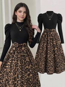 SHEIN Teen Girl Leopard Print Colorblock Casual Party Dress - Multicolor - View 2
