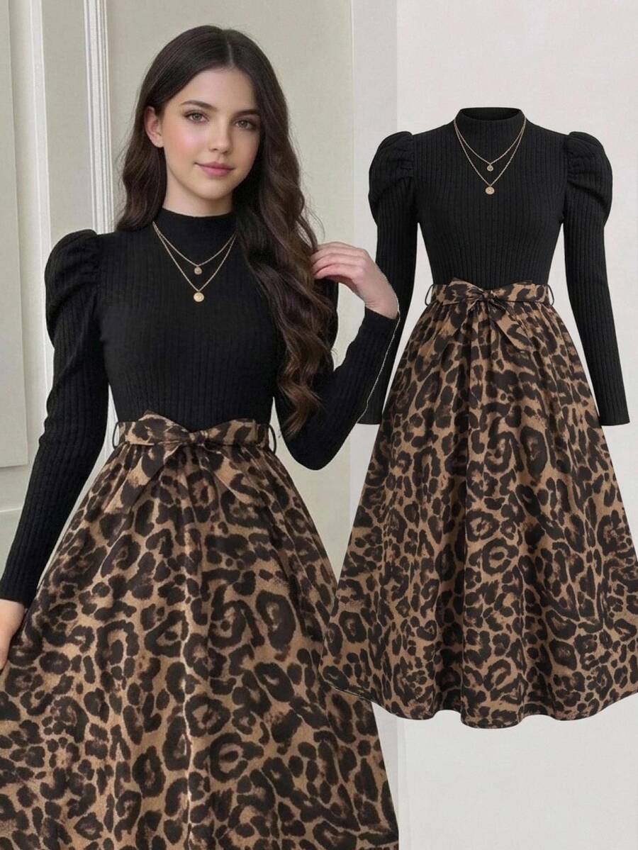 SHEIN Teen Girl Leopard Print Colorblock Casual Party Dress - Multicolor - View 1