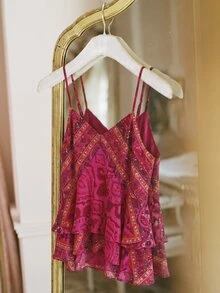 Willow Rêve Women's Burgundy And Gold Bohemian Style Boho Printed V-Neck Camisole Top With Ruffle Hem, Valentine's Day Style, Dinner Date Vacation Summer - Red - View 3