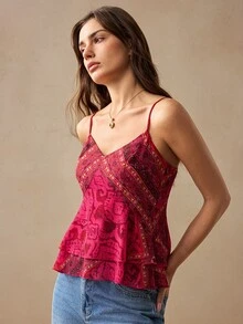 Willow Rêve Women's Burgundy And Gold Bohemian Style Boho Printed V-Neck Camisole Top With Ruffle Hem, Valentine's Day Style, Dinner Date Vacation Summer - Red - View 6