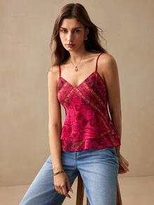 Willow Rêve Women's Burgundy And Gold Bohemian Style Boho Printed V-Neck Camisole Top With Ruffle Hem, Valentine's Day Style, Dinner Date Vacation Summer - Red - View 9