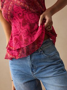 Willow Rêve Women's Burgundy And Gold Bohemian Style Boho Printed V-Neck Camisole Top With Ruffle Hem, Valentine's Day Style, Dinner Date Vacation Summer - Red - View 7
