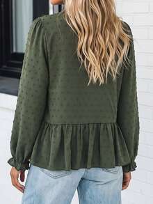 Omancia Damen romantische Boho Armee-Grün Jacquard V-Ausschnitt mehrlagige Rüschen Langarm Bluse, Puffärmel ausgefranster Saum Puppen-Top, lässige Streetwear, Herbst - Armeegrün - Übersicht 2