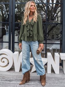 Omancia Damen romantische Boho Armee-Grün Jacquard V-Ausschnitt mehrlagige Rüschen Langarm Bluse, Puffärmel ausgefranster Saum Puppen-Top, lässige Streetwear, Herbst - Armeegrün - Übersicht 6