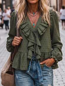 Omancia Damen romantische Boho Armee-Grün Jacquard V-Ausschnitt mehrlagige Rüschen Langarm Bluse, Puffärmel ausgefranster Saum Puppen-Top, lässige Streetwear, Herbst - Armeegrün - Übersicht 5