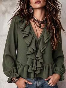 Omancia Damen romantische Boho Armee-Grün Jacquard V-Ausschnitt mehrlagige Rüschen Langarm Bluse, Puffärmel ausgefranster Saum Puppen-Top, lässige Streetwear, Herbst - Armeegrün - Übersicht 1