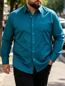 Manfinity Homme Camisa casual de negocios de manga larga con botones de unicolor para hombres de talla grande, otoño, formal - Agua verde azul - Ver 3