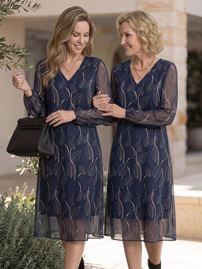 Miaspire Gaun Midi Chiffon Elegan untuk Bisnis Profesional, Motif Daun Bunga, Warna Biru Tua Keemasan, Leher V, Lengan Panjang, Cocok untuk Pesta Kantor, Musim Gugur