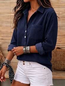 Linhara CURVE Plus Size Women's Casual Office Long-Sleeved Autumn Shirt - Navy Blue - View 3