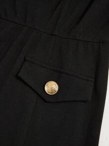 Medorina Elegant Business Professional, Gold Button Round Neck, Midi Work Dress, Premium Cotton Black, A-Line 3/4 Sleeve, Office Wedding Guest, Fall Winter - Black - View 5