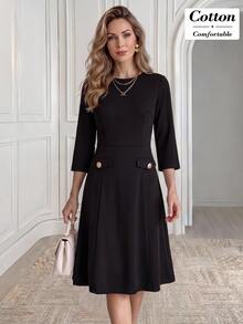 Medorina Elegant Business Professional, Gold Button Round Neck, Midi Work Dress, Premium Cotton Black, A-Line 3/4 Sleeve, Office Wedding Guest, Fall Winter - Black - View 1