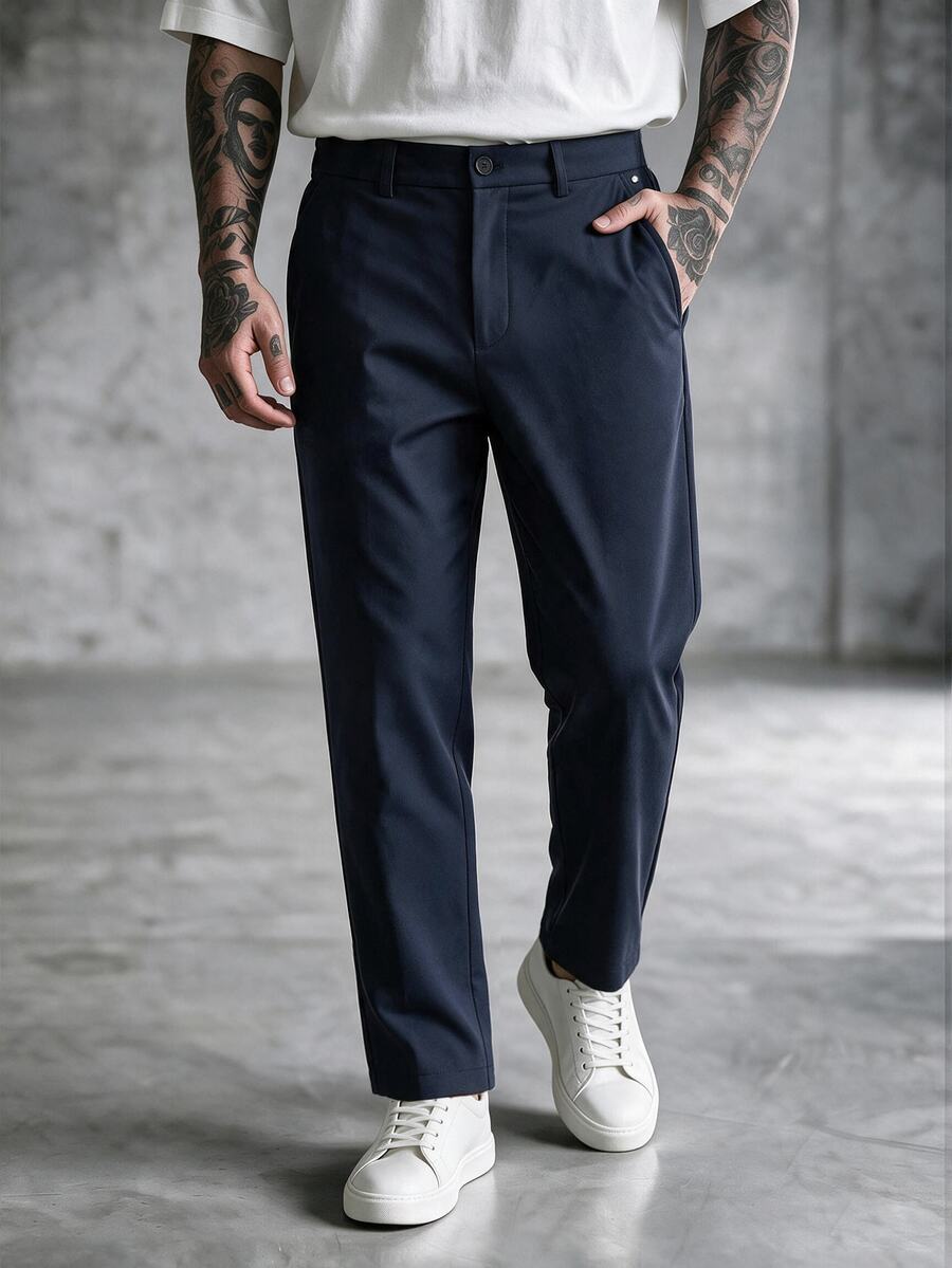 SLATEMANN Men's Casual Elegant Button Pocket Suit Pants Business Office - Navy Blue - View 1