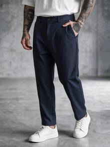 SLATEMANN Men's Casual Elegant Button Pocket Suit Pants Business Office - Navy Blue - View 3