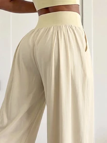 Core Rhythm Women's Solid Color High Waist Pleated Casual Soft Versatile Daily Travel Sports Long Pants Gym Beige Summer - Mustard Yellow - View 5