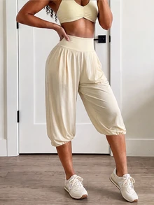 Core Rhythm Women's Solid Color High Waist Pleated Casual Soft Versatile Daily Travel Sports Long Pants Gym Beige Summer - Mustard Yellow - View 8