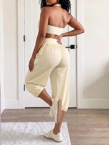 Core Rhythm Women's Solid Color High Waist Pleated Casual Soft Versatile Daily Travel Sports Long Pants Gym Beige Summer - Mustard Yellow - View 2