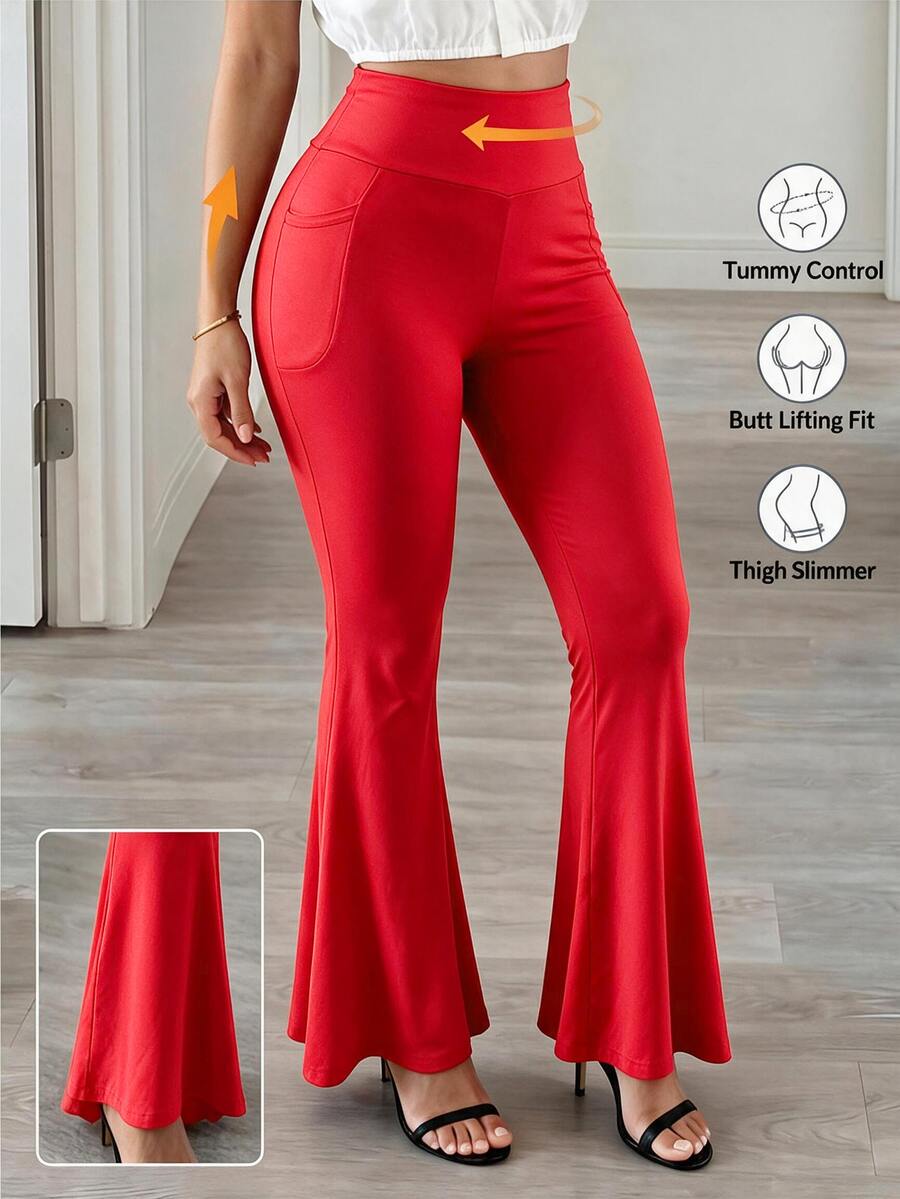 BamGleam Women's Solid Color High Waist Flare Leg Sports Pants - Red - View 1