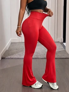 BamGleam Women's Solid Color High Waist Flare Leg Sports Pants - Red - View 5
