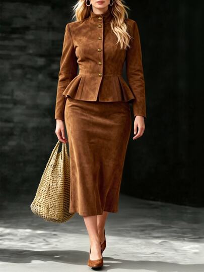 Velvienne Conjunto de 2 piezas de vestido elegante vintage de gamuza marrón caramelo con cuello alto, cintura ceñida y bajo con volantes, adecuado para otoño, Acción de Gracias, cena, oficina y citas