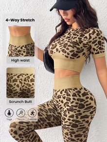 Slayform Women's Light Brown Leopard Print Seamless Sports Set - Multicolor - View 1