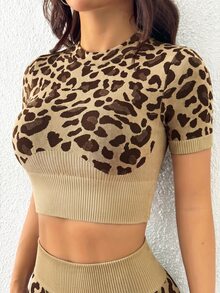 Slayform Women's Light Brown Leopard Print Seamless Sports Set - Multicolor - View 3