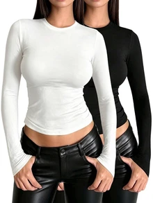 INAWLY Solva Women's Solid Color Crew Neck Long Sleeve Fitted T-Shirt, Spring/Summer Fall Cloth For Women - Multicolor - View 2