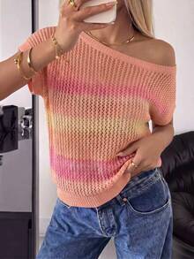 Balvessa Women's Gradient Color Round Neck Short Sleeve Casual Romantic Knit Top Brunch Vacation Pink Checkered Summer - Coral Pink - View 1