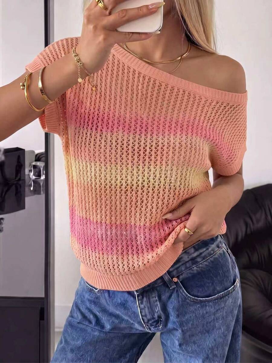 Balvessa Women's Gradient Color Round Neck Short Sleeve Casual Romantic Knit Top Brunch Vacation Pink Checkered Summer - Coral Pink - View 1