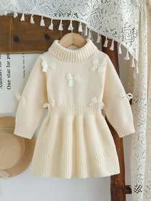 SHEIN 嬰兒/幼兒(女孩)白色針織毛衣洋裝，附3D蝴蝶結，高領圓領套頭長袖，柔軟飄逸，秋季可愛派對聚會風 - 米色 - 查看 7