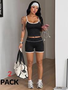 Coolane Women's Summer Going Out Streetwear Casual Polka Dot Graphics Top And Short Black Two Pieces Set - Black - View 3