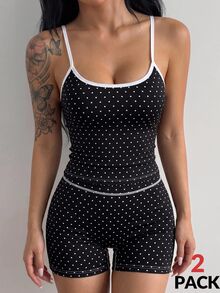 Coolane Women's Summer Going Out Streetwear Casual Polka Dot Graphics Top And Short Black Two Pieces Set - Black - View 5