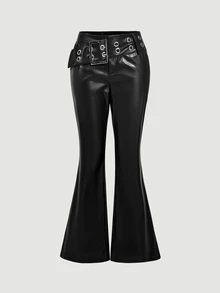 SHEIN MOD Quần ống loe nữ mặc thường ngày phong cách casual đa năng với thiết kế khóa cài đục lỗ - màu đen - Xem 3