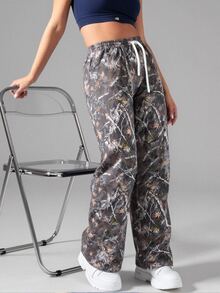 SHEIN Core Rhythm Plus Size Women's Single Piece Random Print Loose Side Pocket Drawstring Elastic Waist Wide Leg Sports Pants - Multicolor - View 5