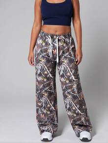 SHEIN Core Rhythm Plus Size Women's Single Piece Random Print Loose Side Pocket Drawstring Elastic Waist Wide Leg Sports Pants - Multicolor - View 3
