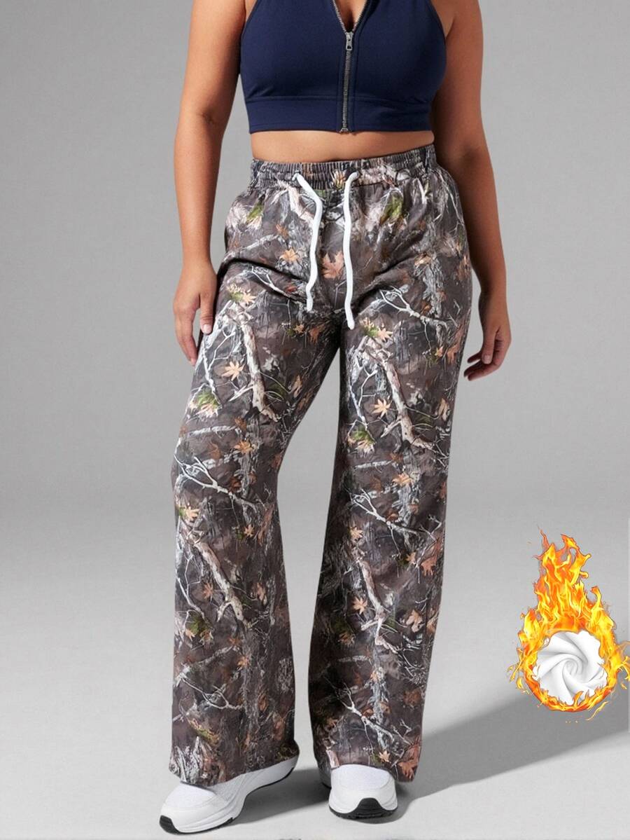 SHEIN Core Rhythm Plus Size Women's Single Piece Random Print Loose Side Pocket Drawstring Elastic Waist Wide Leg Sports Pants - Multicolor - View 1