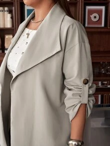 Muchica Jaket Trench Coat Wanita Ukuran Besar Warna Polos Lengan Panjang Kasual Potongan Longgar Elegan untuk Kantor Formal Warna Perak Musim Gugur - Khaki - View 6